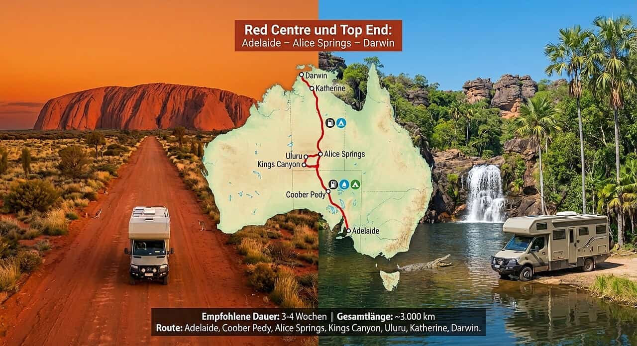 Met een camper door Australië reizen - routes, huurtips & belangrijke reisinformatie 6 Camper in de outback van Australië met kaart en waterval op de achtergrond, met airconditioning en flexibel onderweg.