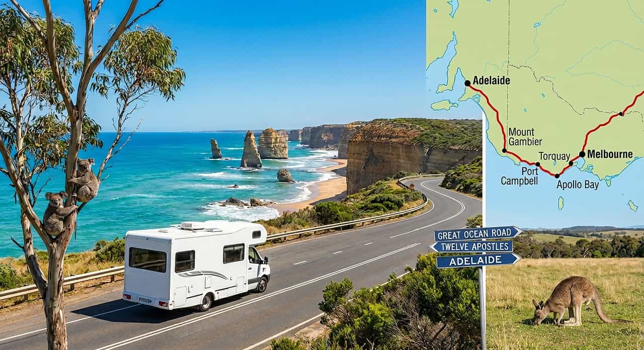 Met een camper door Australië reizen - routes, huurtips & belangrijke reisinformatie 5 Camper op een Australische kustweg met kangoeroes, rotsen en de zee op de achtergrond.
